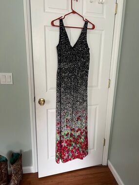 Chaps Black Maxi Dress with Red & Green Floral Hem